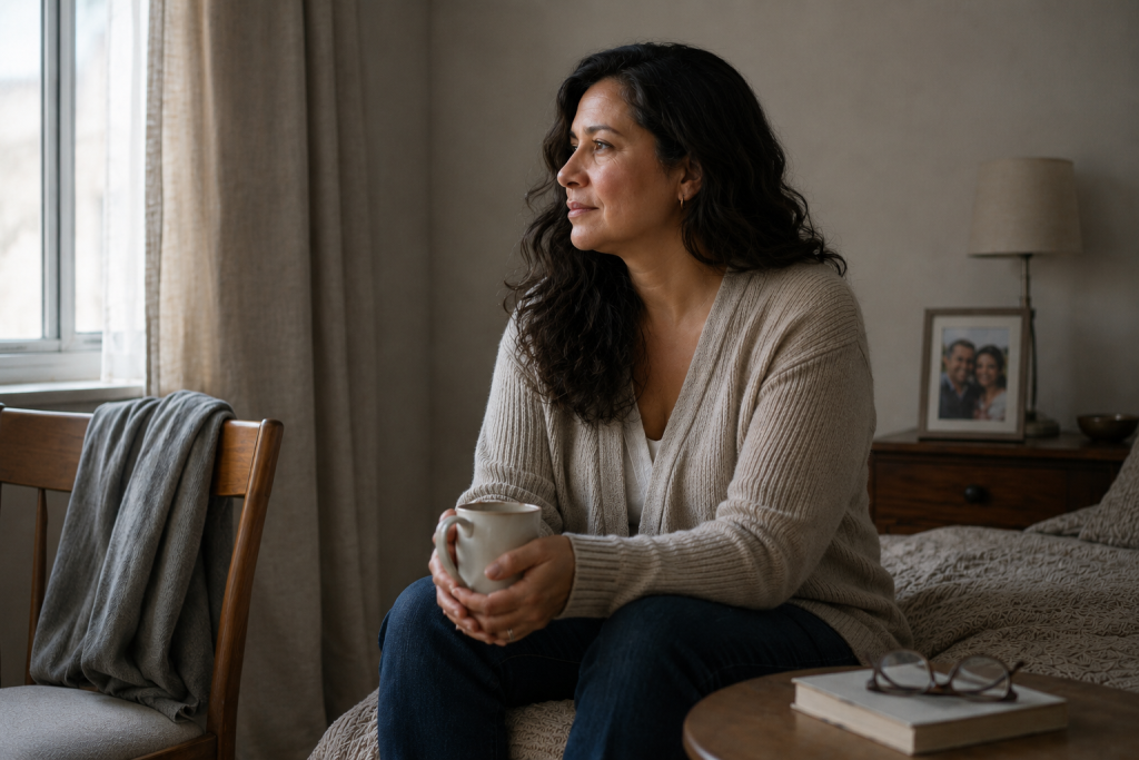 mujer mirando por la ventana en su dormitorio recordando a su pareja