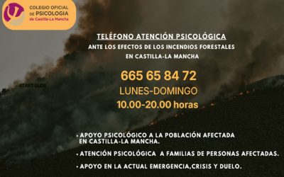 El COPCLM vuelve a habilitar un número de teléfono de asistencia psicológica, en esta ocasión, para atender a las personas afectadas por los incendios forestales de Castilla-La Mancha